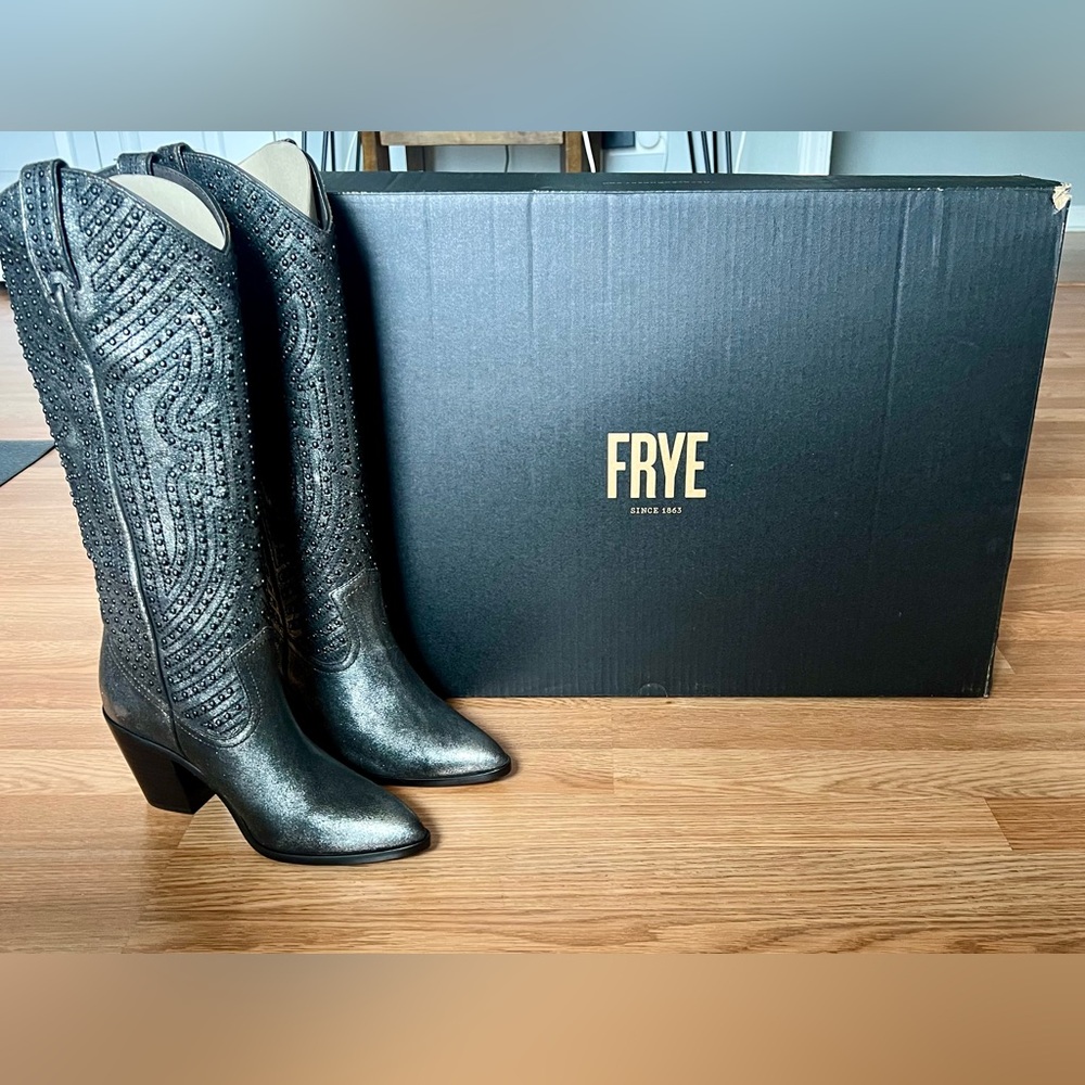 FRYE Black Leather Studded Cowgirl Boot